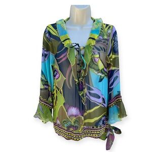 Adrienne Women's Medium Multi color Semi Sheer Ruffle‎ Bell Sleeve Side Tie Top